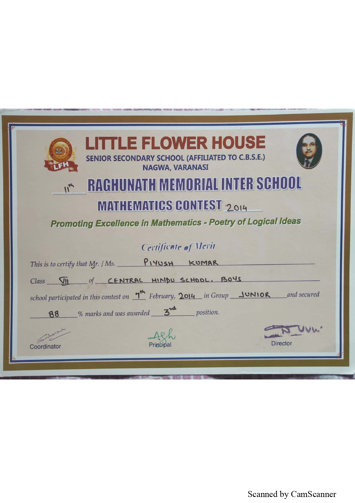 Raghunath Memorial Inter School Mathematics Contest certificate, Class 7th